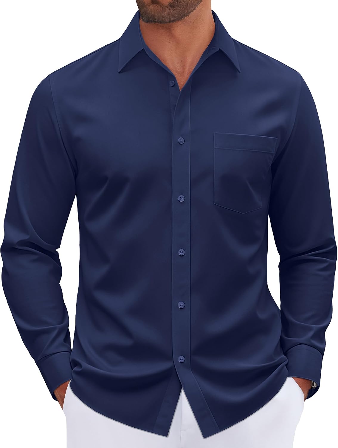 Mens Dress Shirt Long Sleeve Wrinkle Free Stretch Button Down Shirt Navy Blue