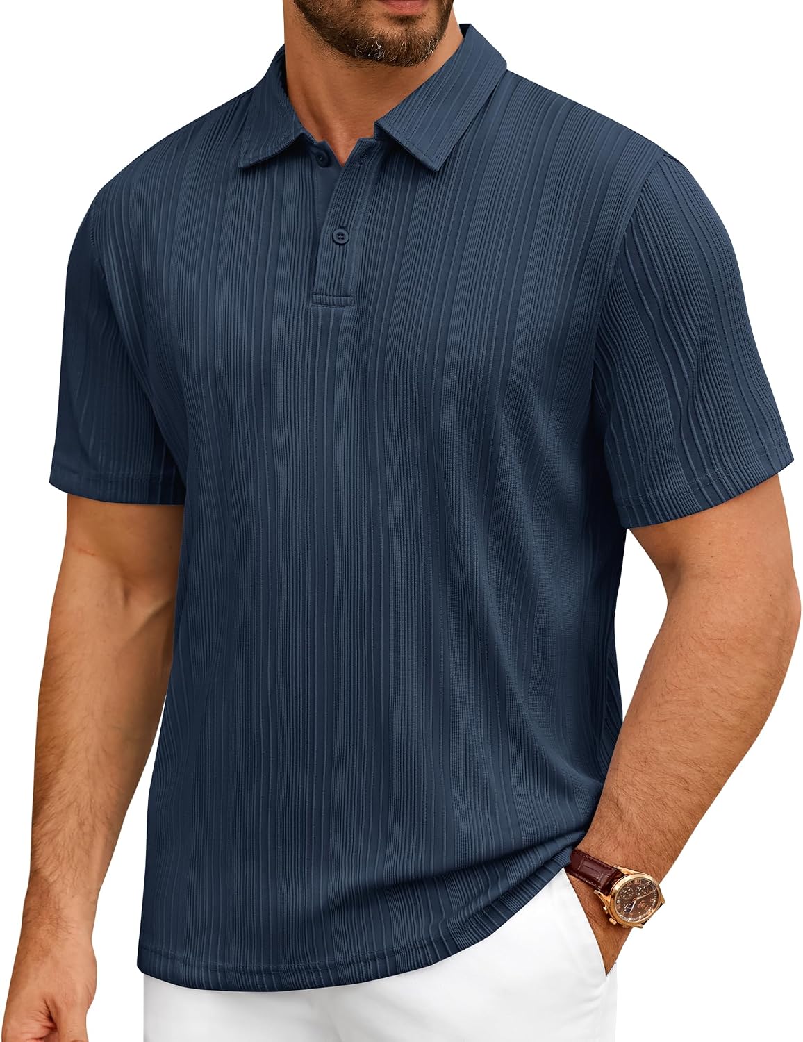 Mens Polo Shirts Short Sleeve Knit Stretch Lightweight Casual Summer Shirt Navy Blue