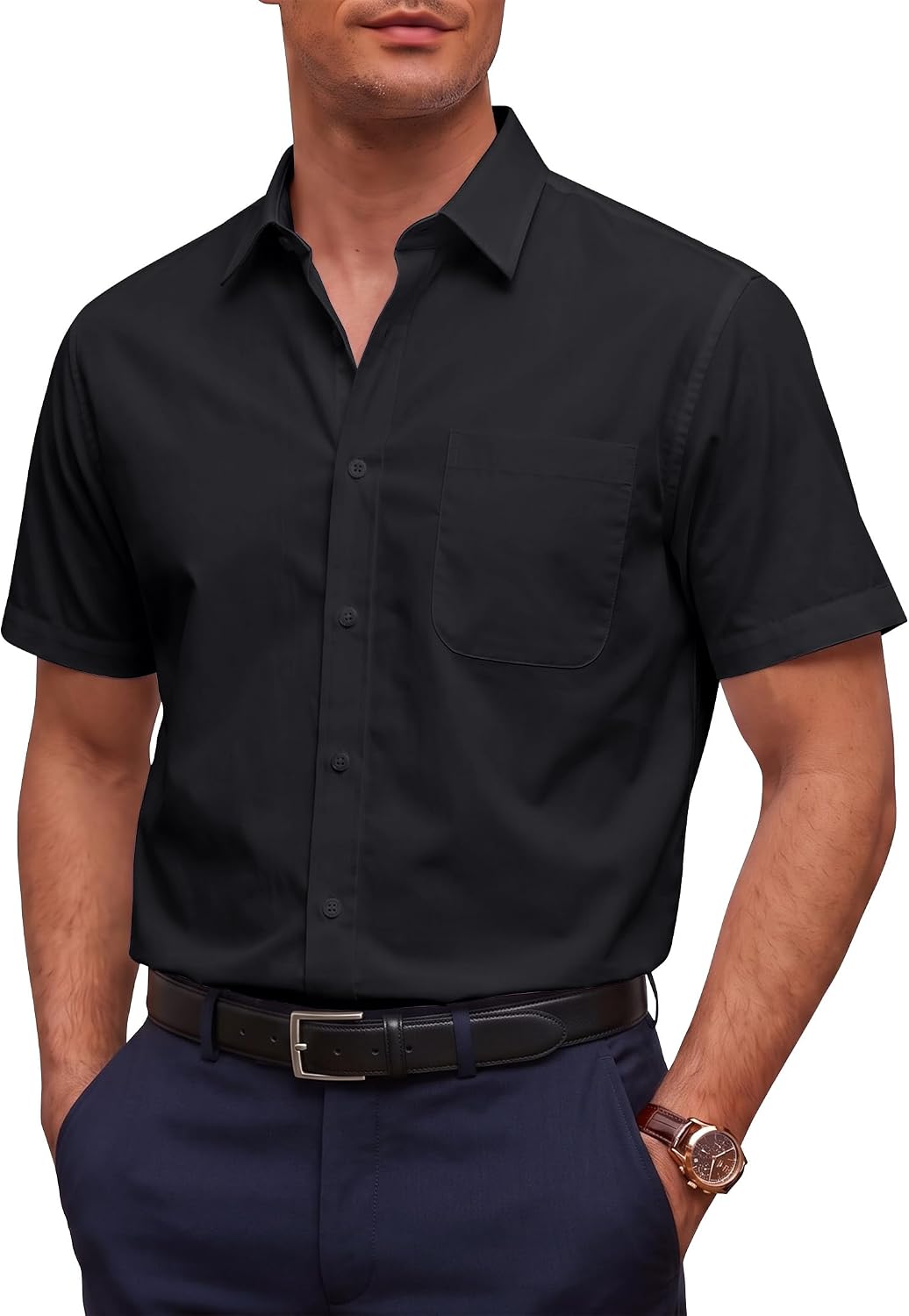 Mens Short Sleeve Dress Shirt Wrinkle Free Button Down Shirt with Pocket Black