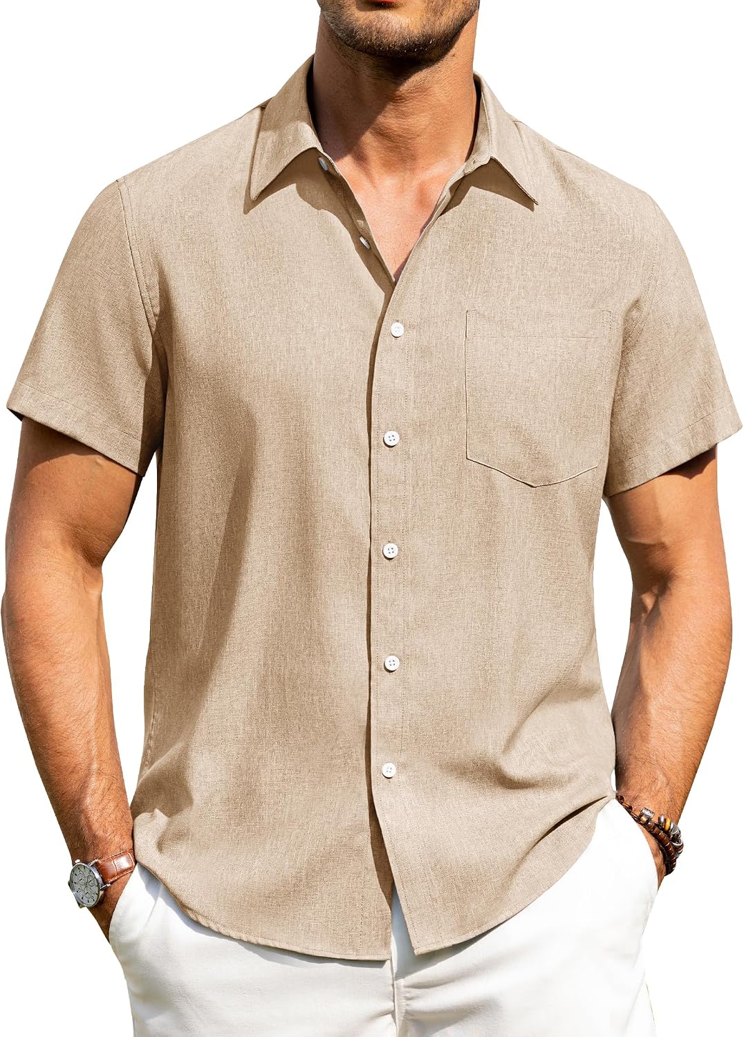 Alimens & Gentle Mens Linen Shirts Short Sleeve Button Down Shirts Wrinkle Free Casual Vacation Beach Summer Tops Light Khaki