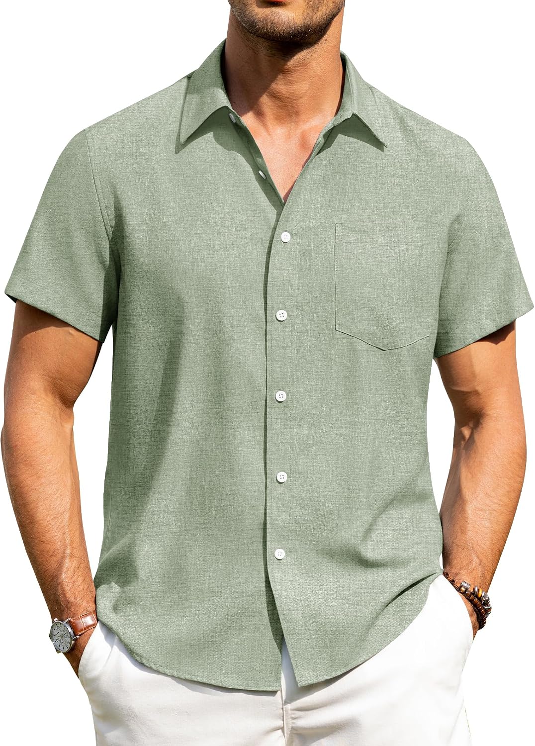 Alimens & Gentle Mens Linen Shirts Short Sleeve Button Down Shirts Wrinkle Free Casual Vacation Beach Summer Tops Green