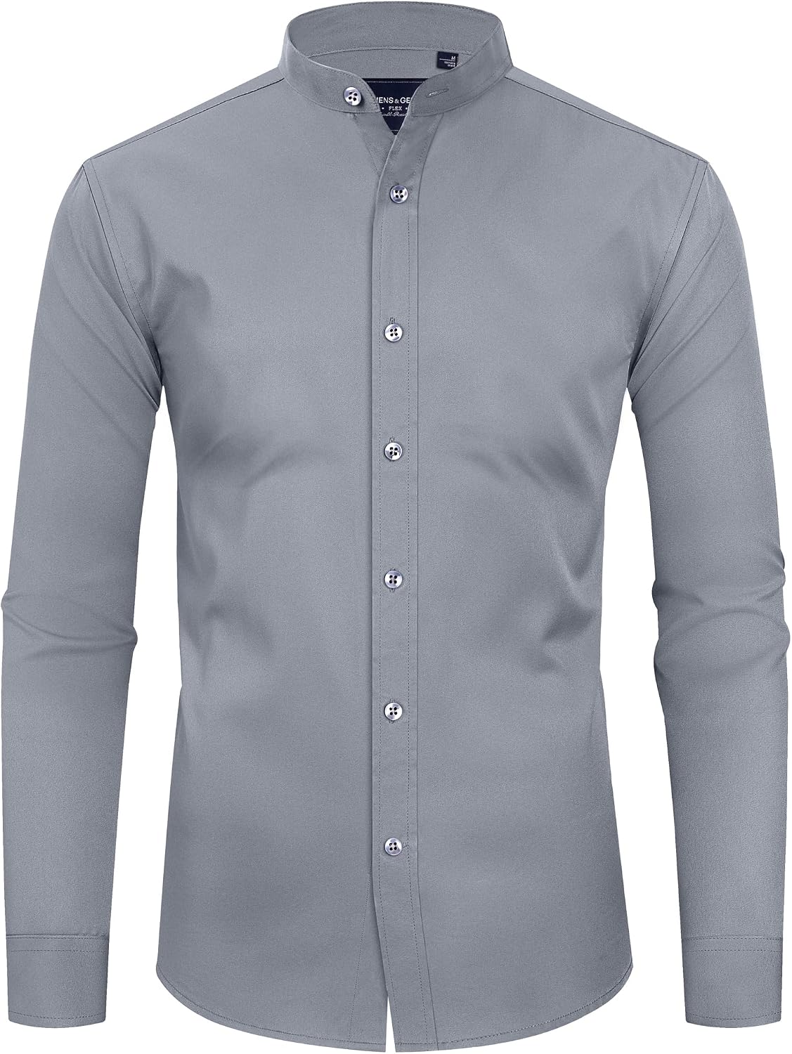 Alimens & Gentle Men's Banded Collar Dress Shirts Wrinkle Free Long Sleeve Mandarin Collar Button Down Shirt Silver Gray