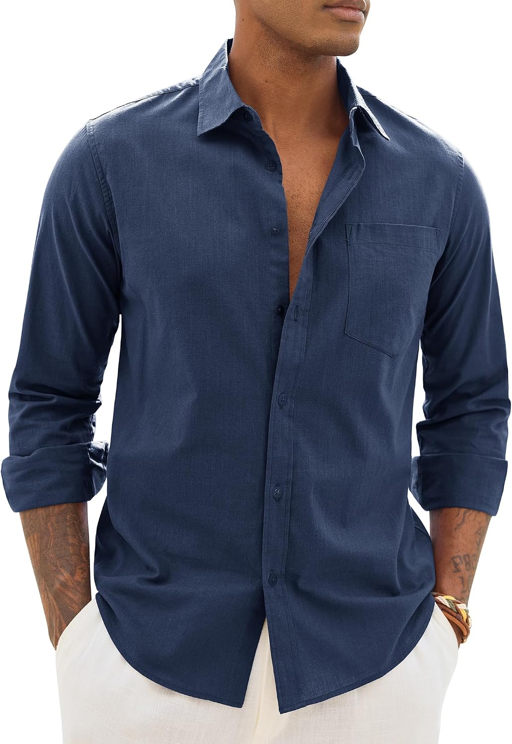 Alimens & Gentle Mens Linen Textured Shirt Long Sleeve Summer Beach Tops Navy Blue
