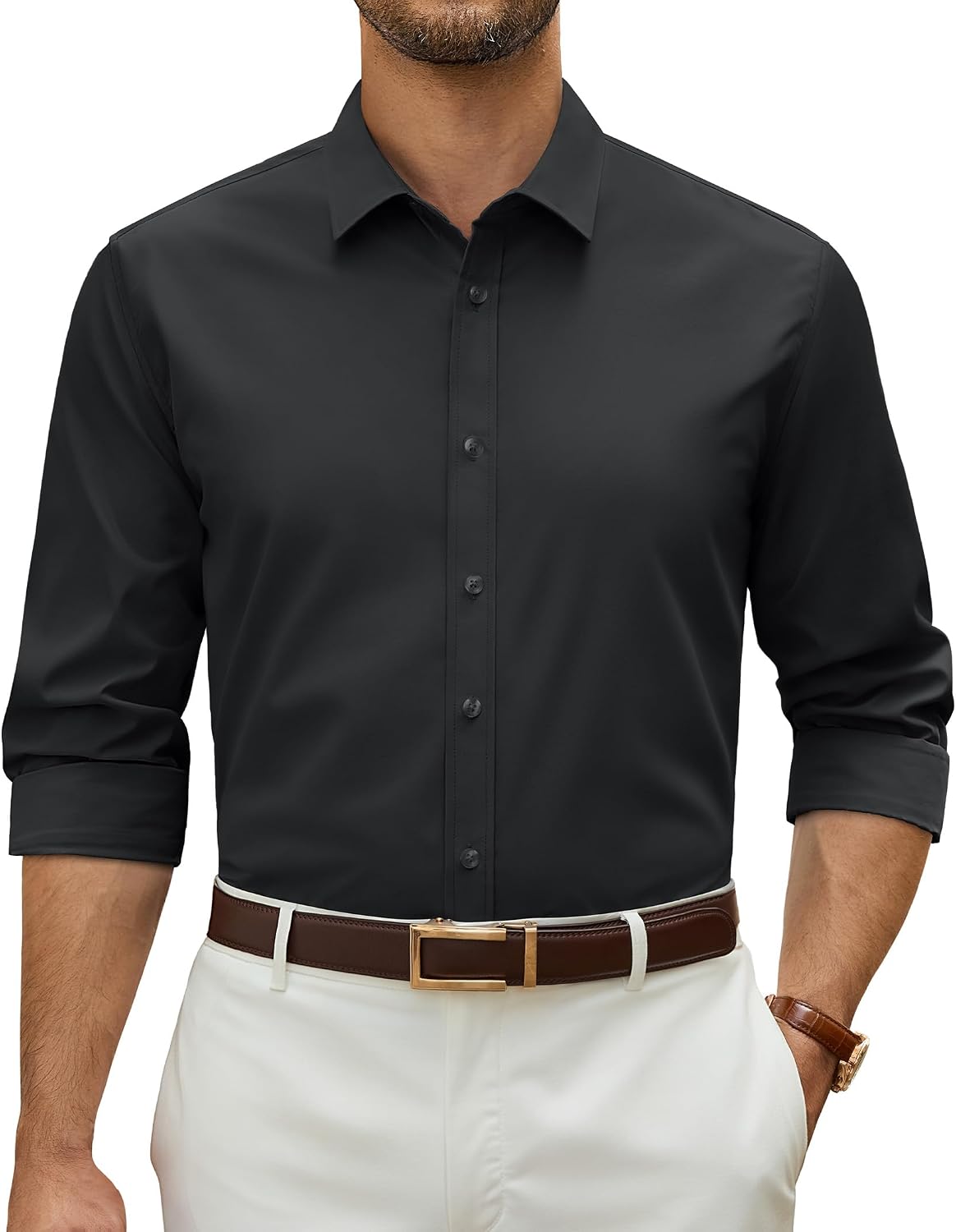 Alimens & Gentle Stretch Dress Shirt for Men Button Down Long Sleeve Shirt Black