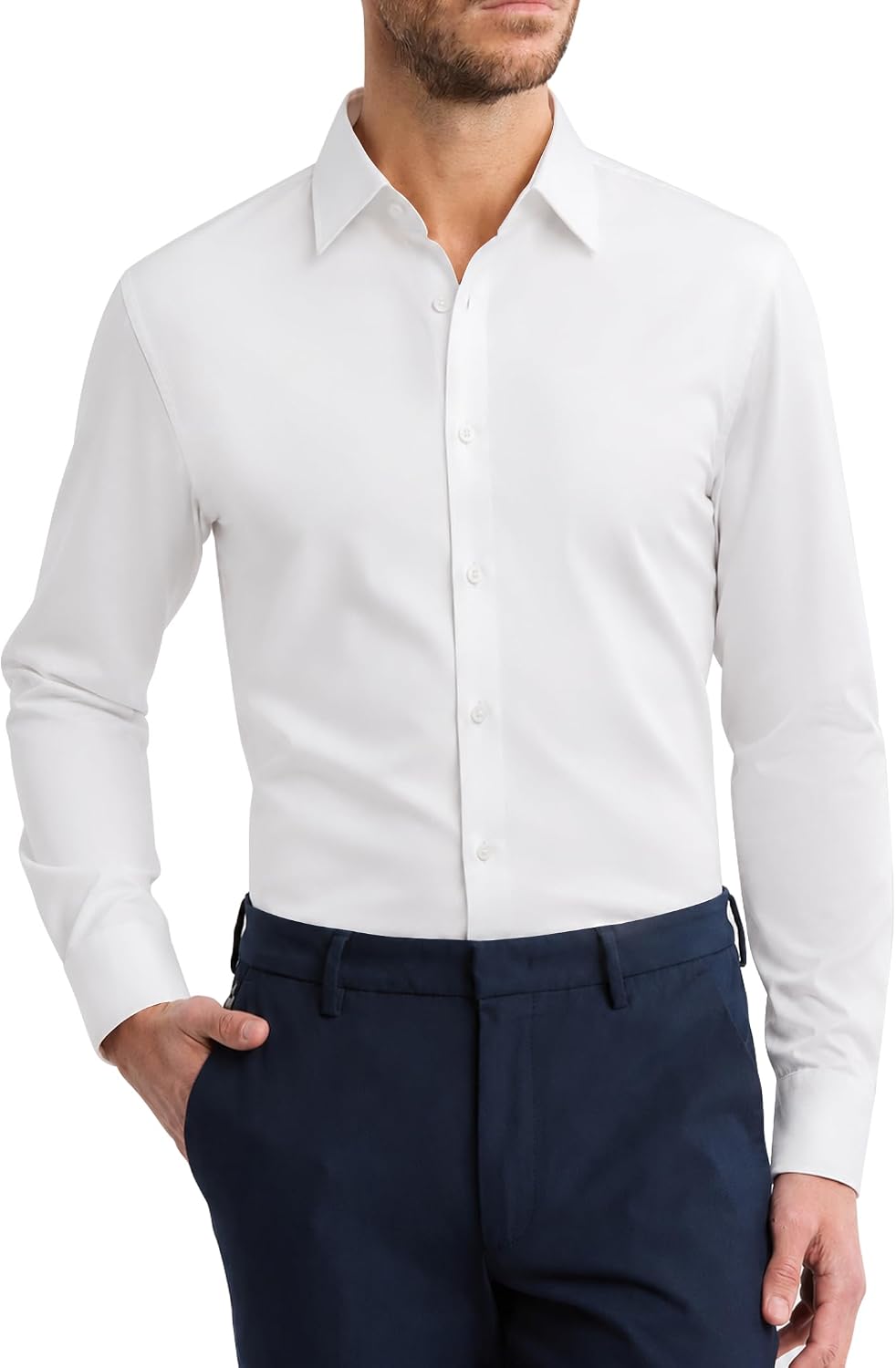 Men's Cotton Dress Shirt Long Sleeve Wrinkle Free Button Down Shirts White