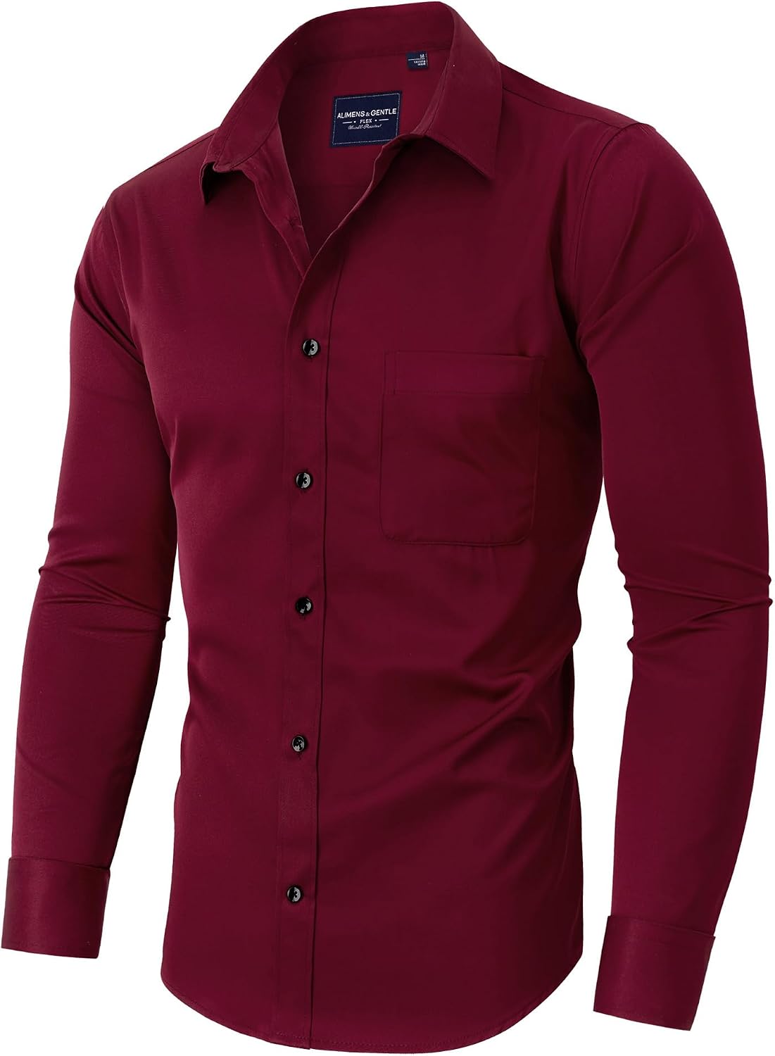 Alimens & Gentle Men's Dress Shirts Long Sleeve Stretch Shirts Solid Button Down Shirt with Pocket Contrast Button-red
