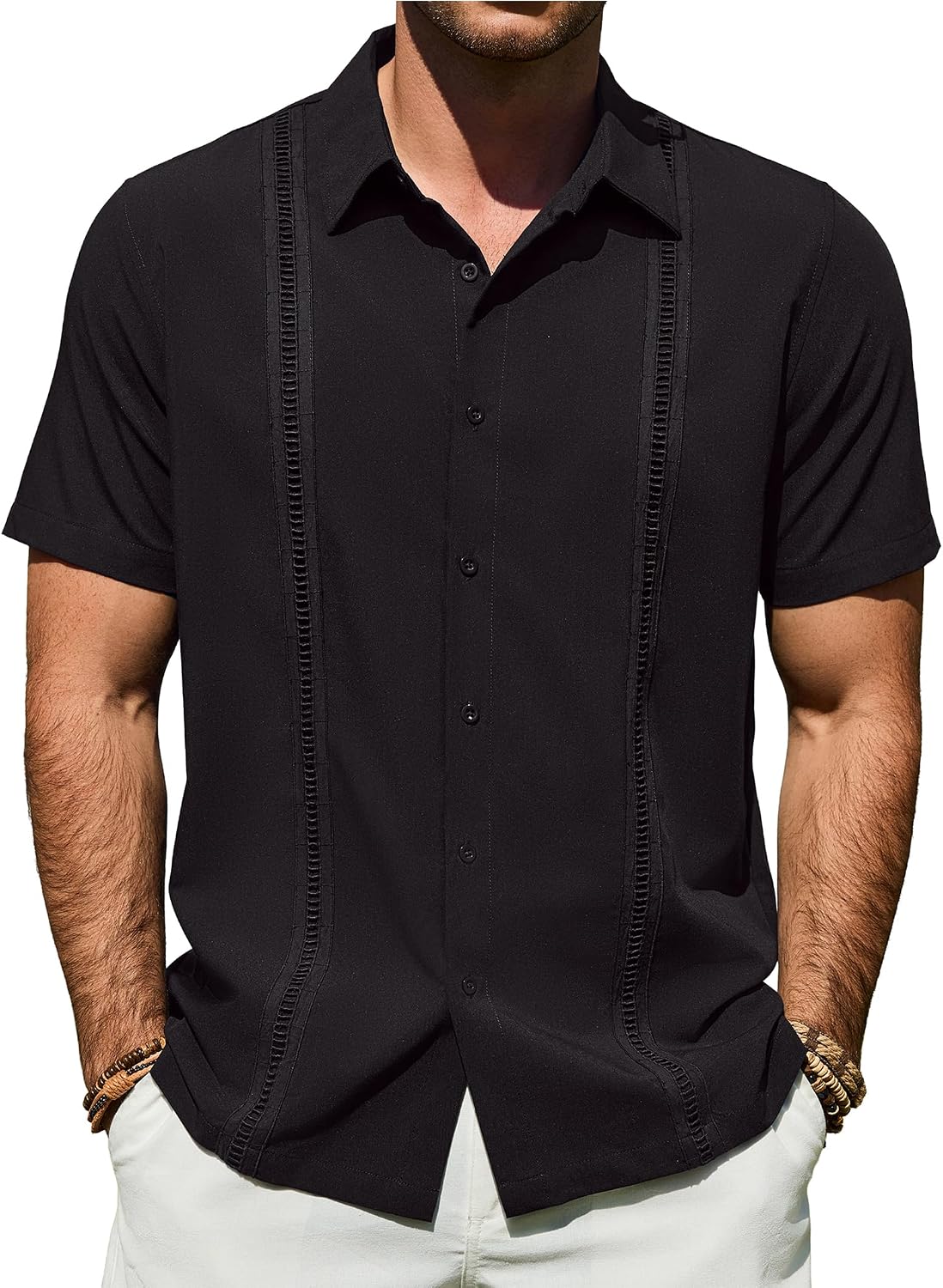Mens Cuban Guayabera Short Sleeve Button Down Shirt Casual Beach Summer Black