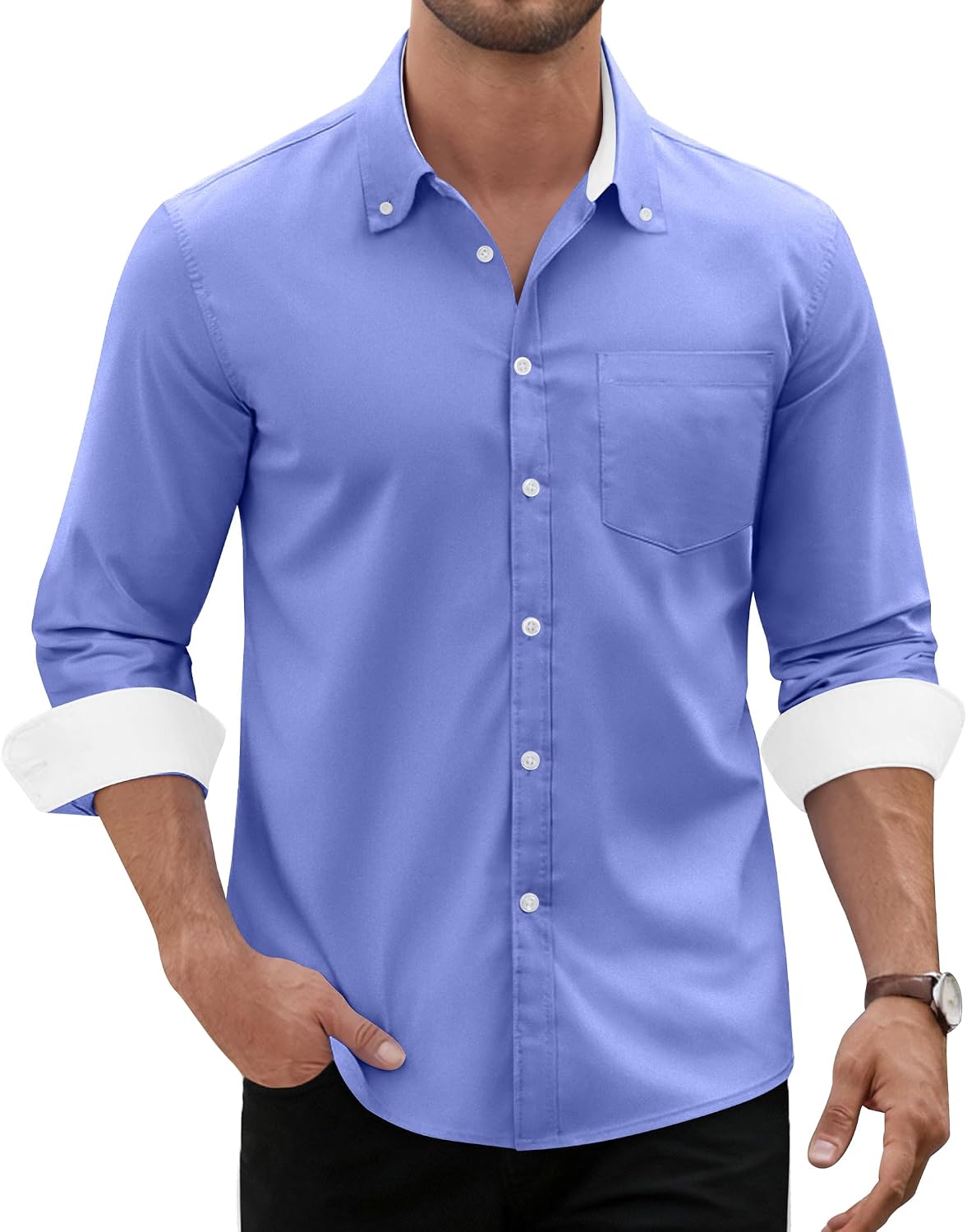 Men's Oxford Stretch Shirt Casual Long Sleeve Button Down Dress Shirt Blue