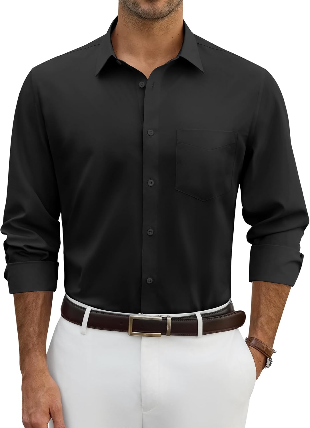 Alimens & Gentle Mens Dress Shirts Wrinkle Free Long Sleeve Stretch Button Down Shirt for Business Casual Wedding Black