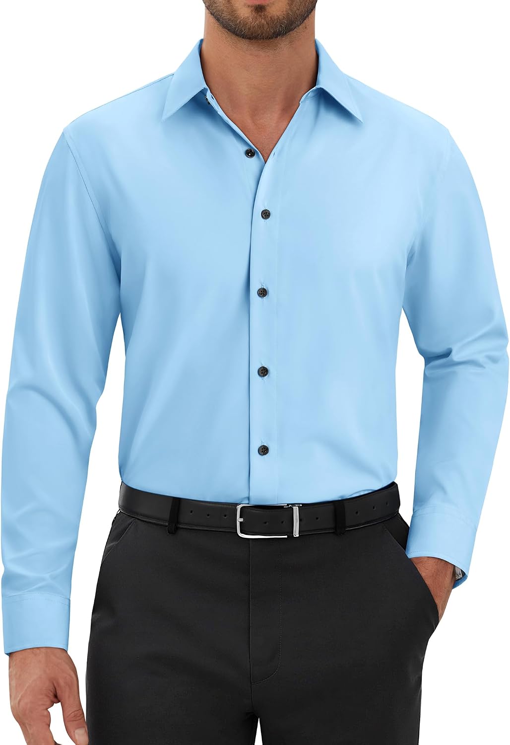 Alimens & Gentle Mens Dress Shirts Long Sleeve Wrinkle Free Stretch Solid Button Down Shirt Casual Wedding Dating Dress Shirt Light Blue