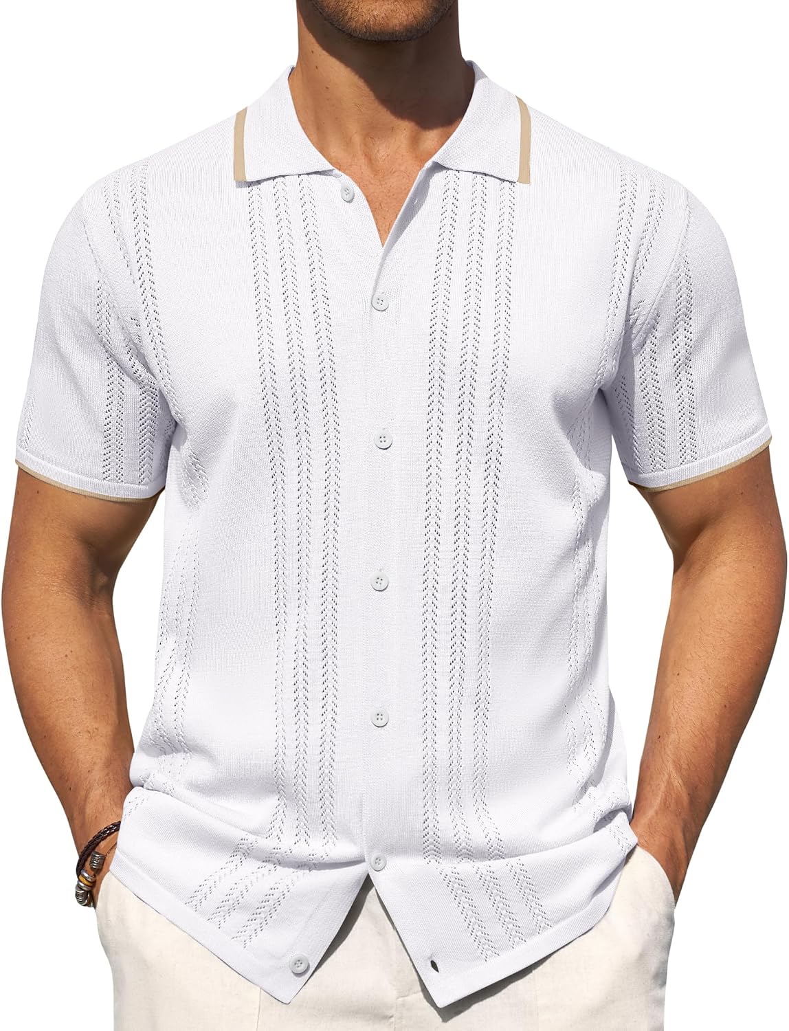 Mens Knit Shirt Short Sleeve Button Down Shirt Textured Casual Summer Tops White