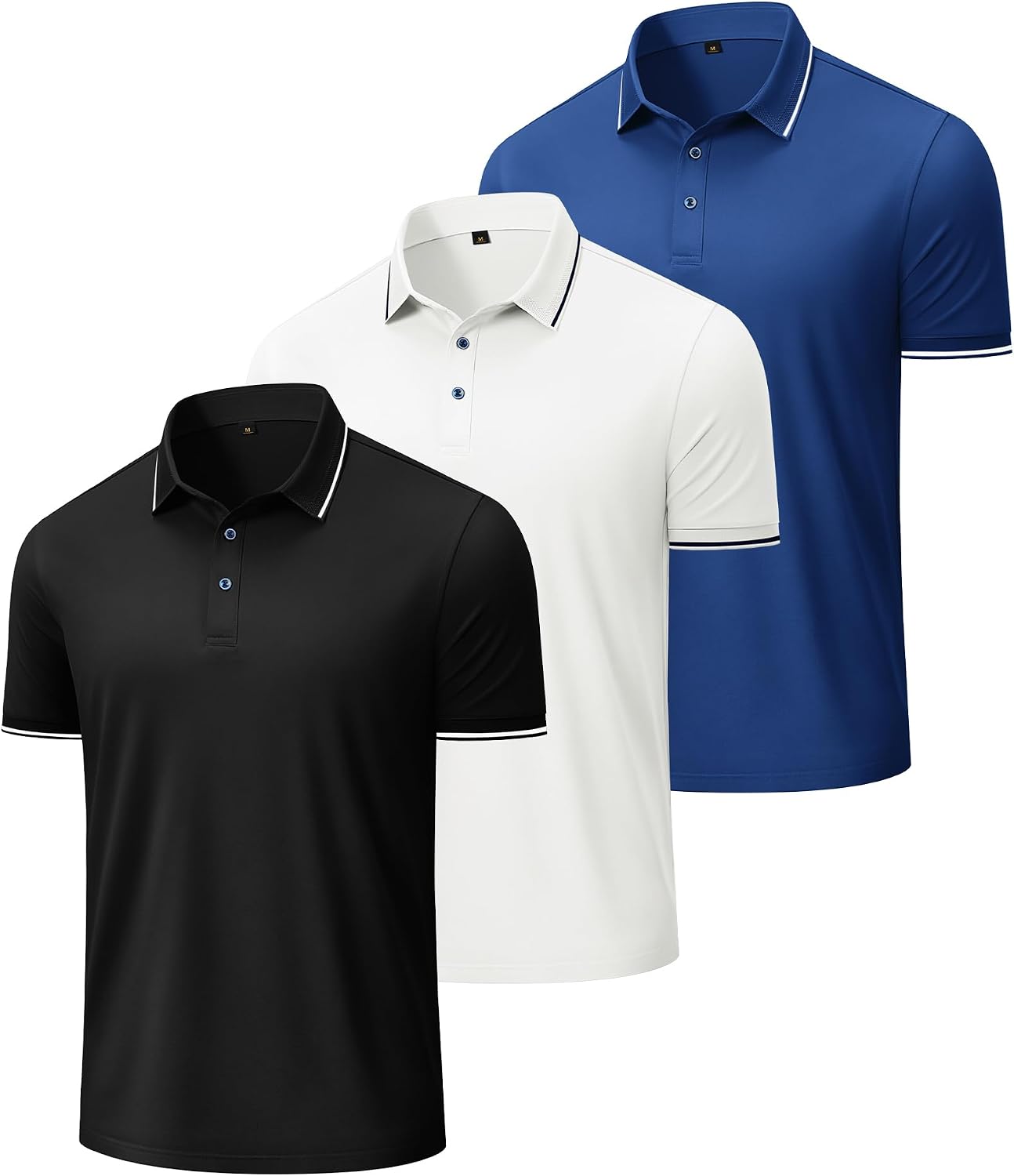 Alimens & Gentle 3 Pack Polo Shirts for Men Dry Fit Performance Short Sleeve Moisture Wicking Business Casual Golf Shirts Black White Royal Blue