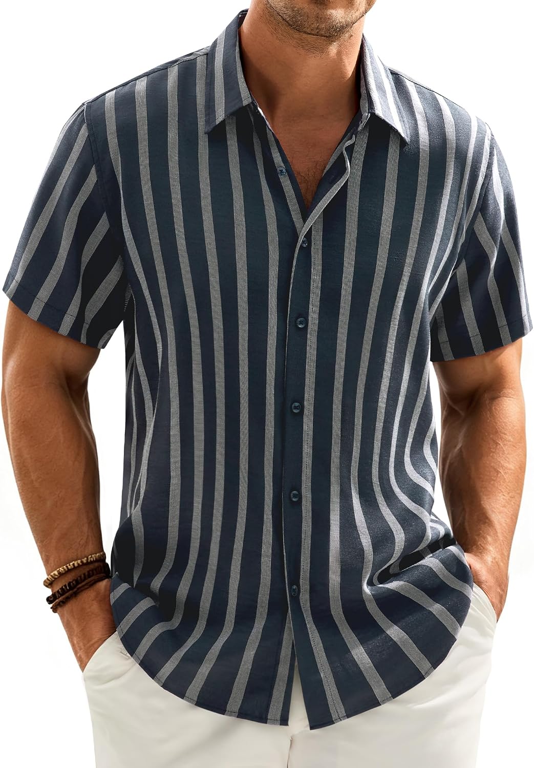 Mens Linen Shirt Striped Short Sleeve Button Down Summer Beach Shirt Navy Blue
