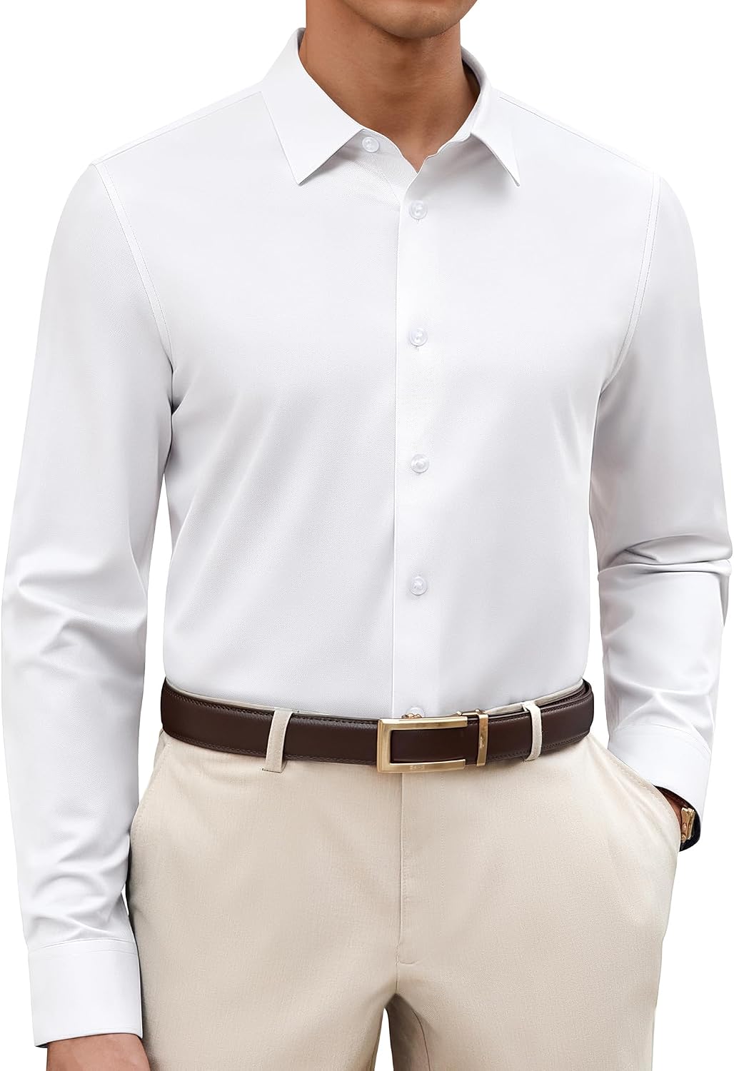 Alimens & Gentle Men's Premium Dress Shirts - Wool Modal Performance Wrinkle Free Button Down Shirt White