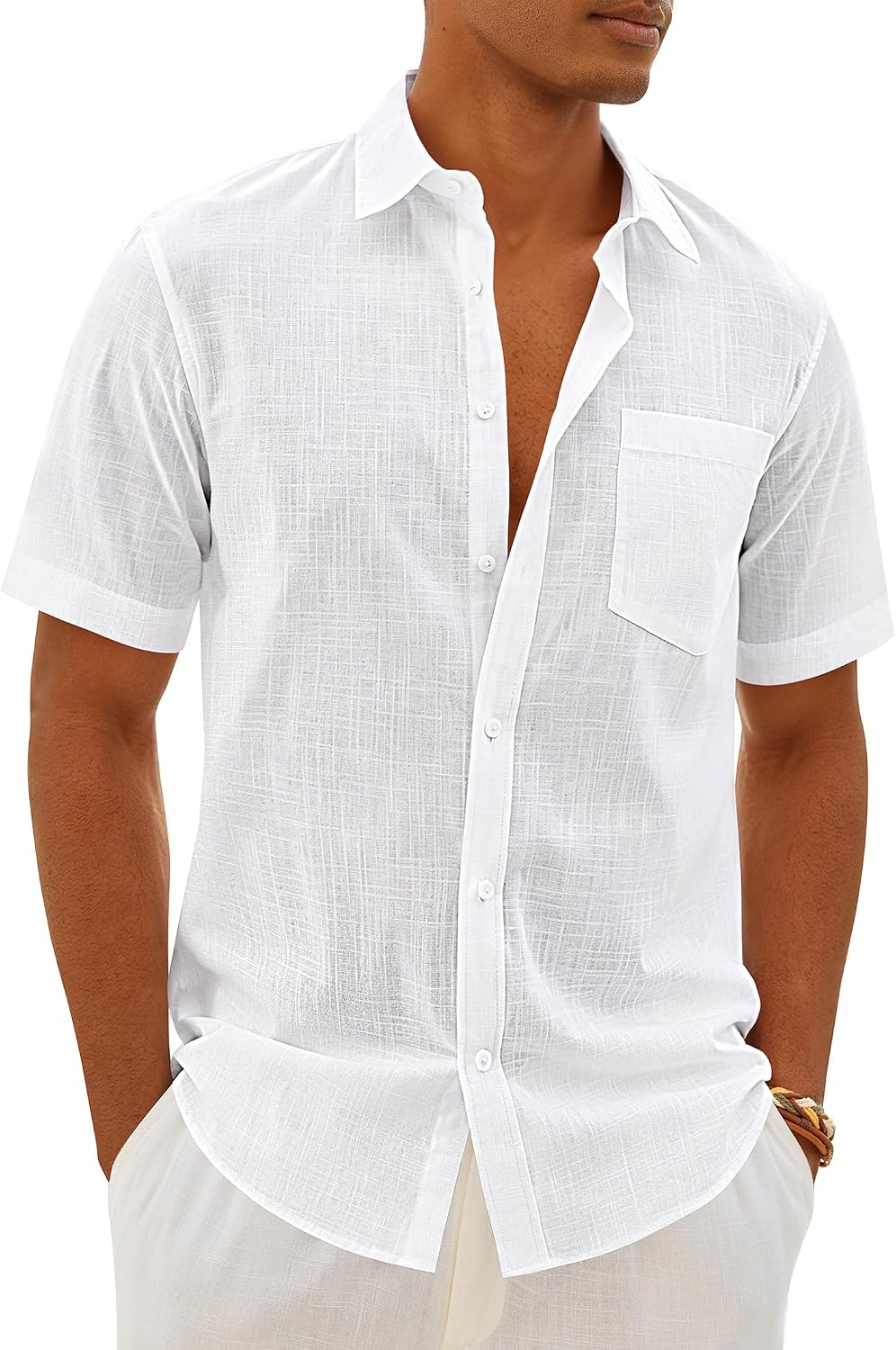 Mens Linen Textured Shirt Cotton Short Sleeve Summer Button Down Shirts White