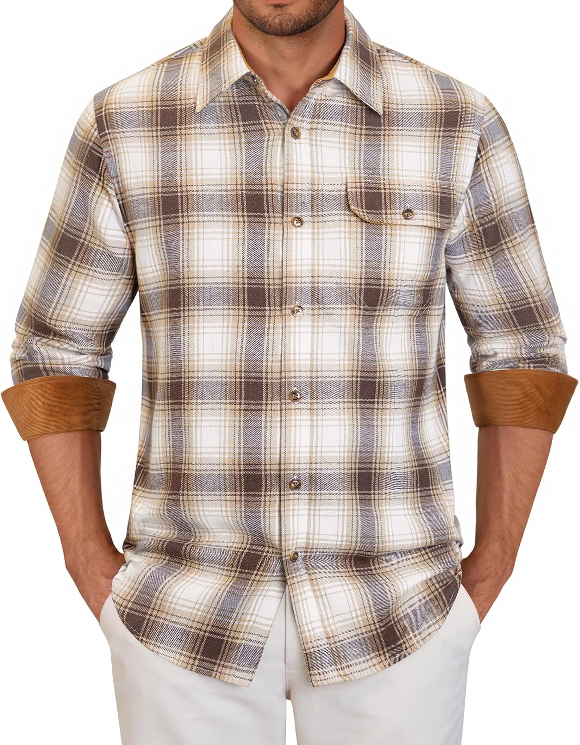 Alimens & Gentle Men's Flannel Long Sleeve Shirt Classic Plaid Button Down Shirts Soft Warm Winter Tops with Pocket Work Camp Khaki White Plaid
