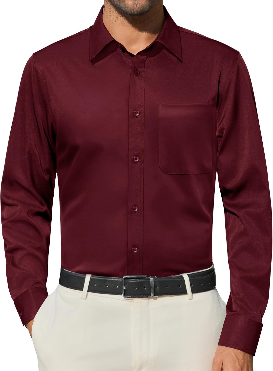 Alimens & Gentle Mens Dress Shirts Wrinkle Free Long Sleeve Button Down Shirt Solid Sun Protection Business Shirt with Pocket Burgundy