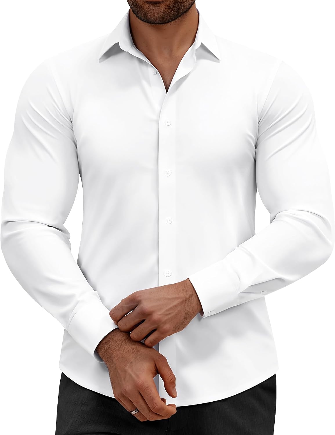 Alimens & Gentle Mens Dress Shirts Stretch Muscle Fit Wrinkle Free Long Sleeve Button Down Shirt Casual Business Formal Shirt White