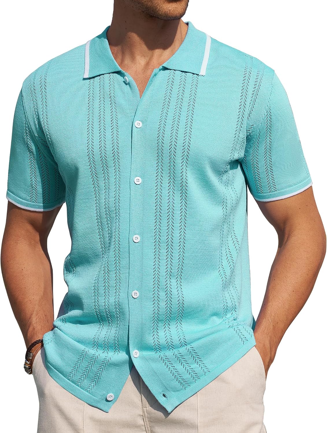 Alimens & Gentle Mens Shirts Casual Button Down Shirts Beach Vintage Knit Short Sleeve Polo Shirt for Men 13-ice Green