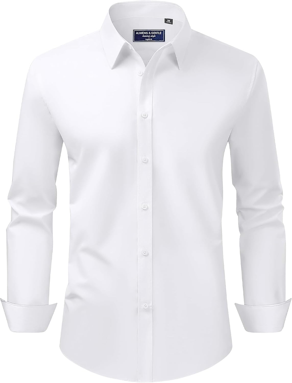 Alimens & Gentle Men's Dress Shirt Regular Fit Stretch Stain Shield Long Sleeve Solid Business Wedding Button Down Shirts White
