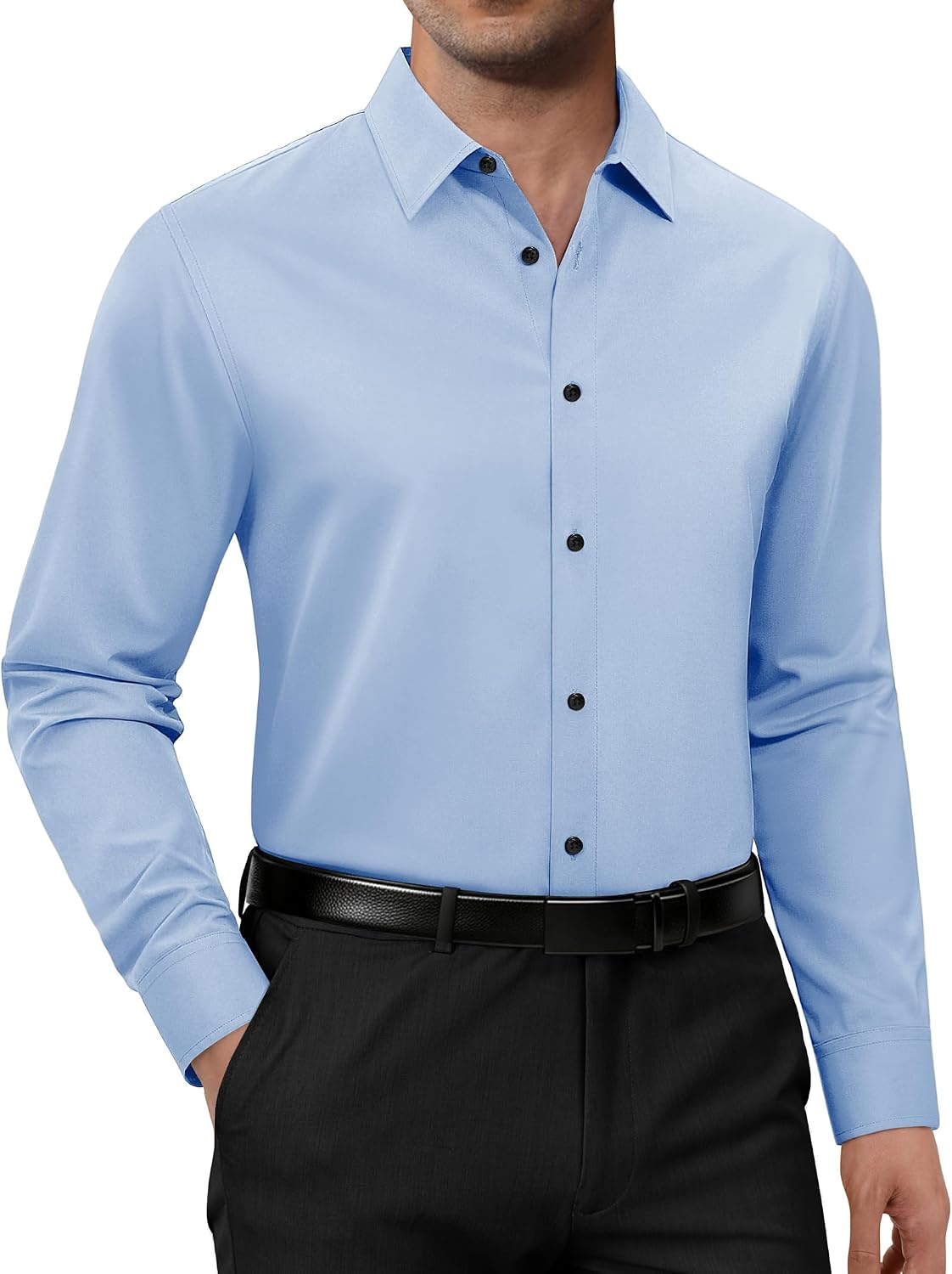 Alimens & Gentle Mens Dress Shirts Long Sleeve 4 Way Stretch Solid Collared Button Down Shirt Regular Fit Formal Business Light Blue
