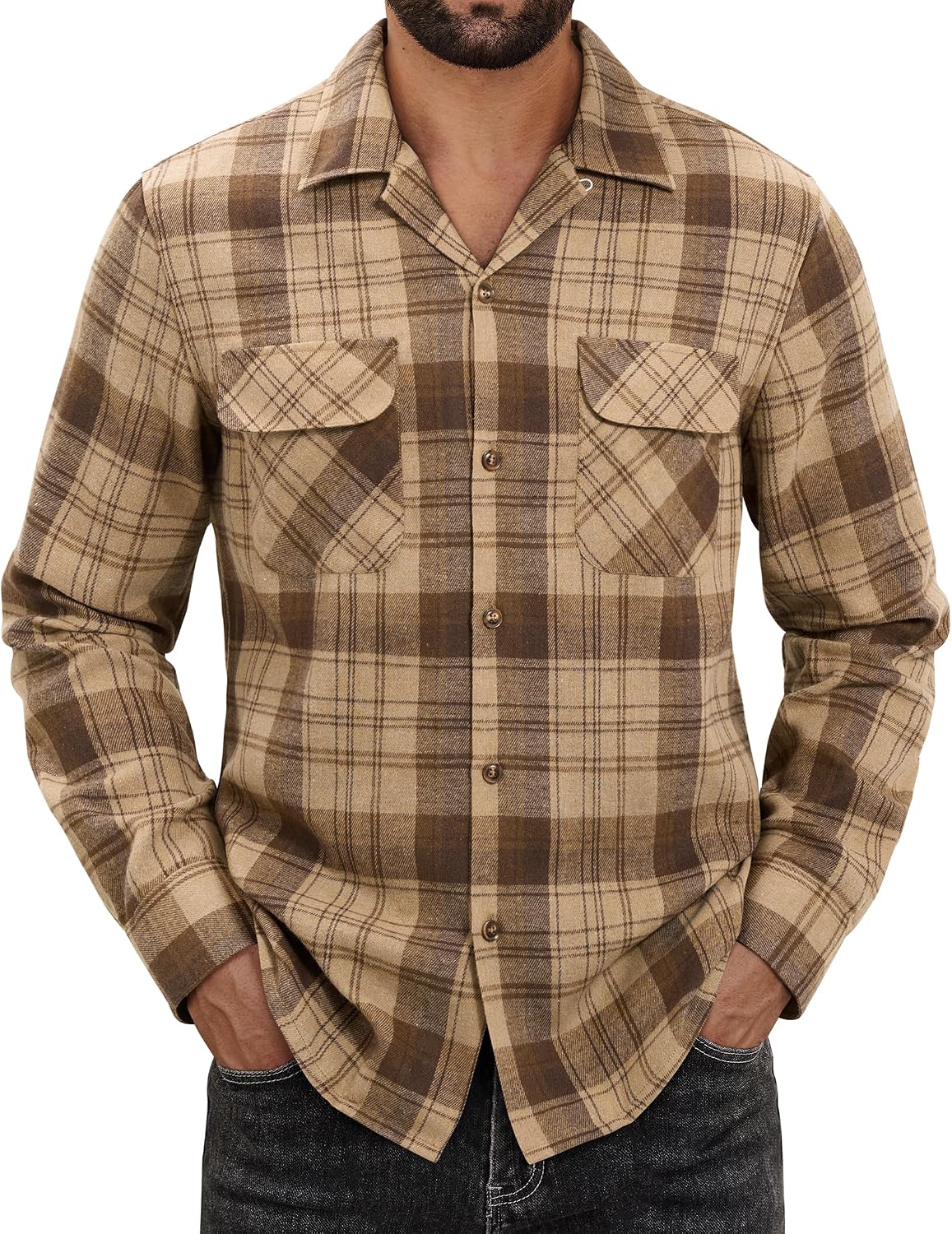 Alimens & Gentle Mens Flannel Shirts Long Sleeve Casual Plaid Button Down Shirt Jacket Work Daily Shackets with Pockets Khaki