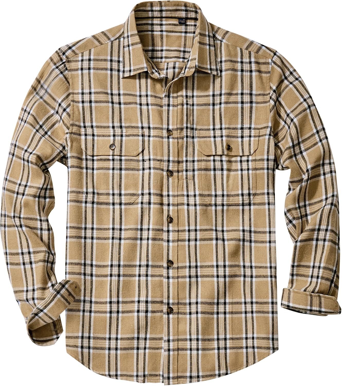 Alimens & Gentle Men's Flannel Shirt Long Sleeve Plaid Button Down Shirts Jacket Casual Work Outdoor Camp with Pockets Khaki Black Plaid