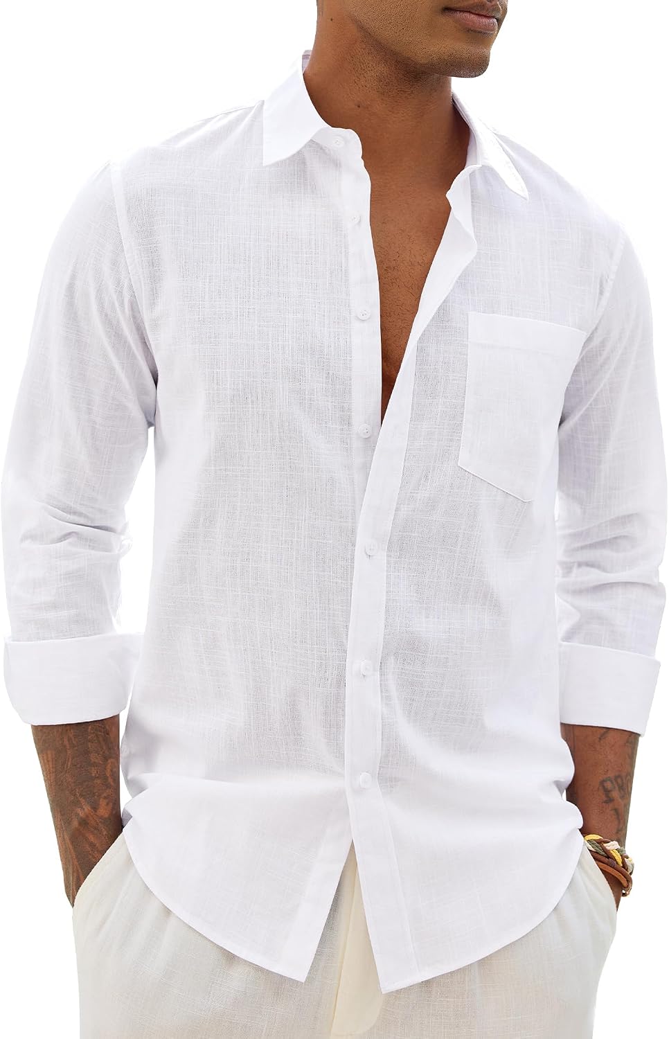 Alimens & Gentle Mens Linen Textured Shirt Long Sleeve Summer Beach Tops White