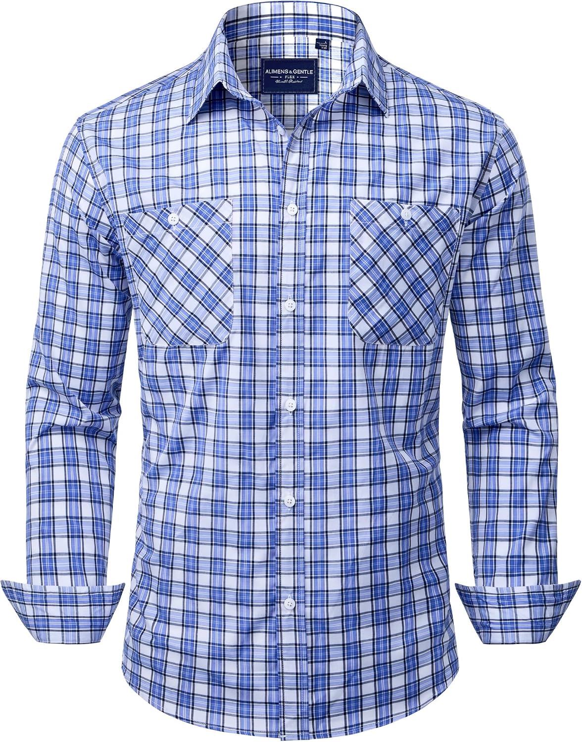 Alimens & Gentle Mens Long Sleeve Dress Shirt Button Down Shirts with Pockets Regular Business Office Casual Plaid Shirt White Blue Plaid