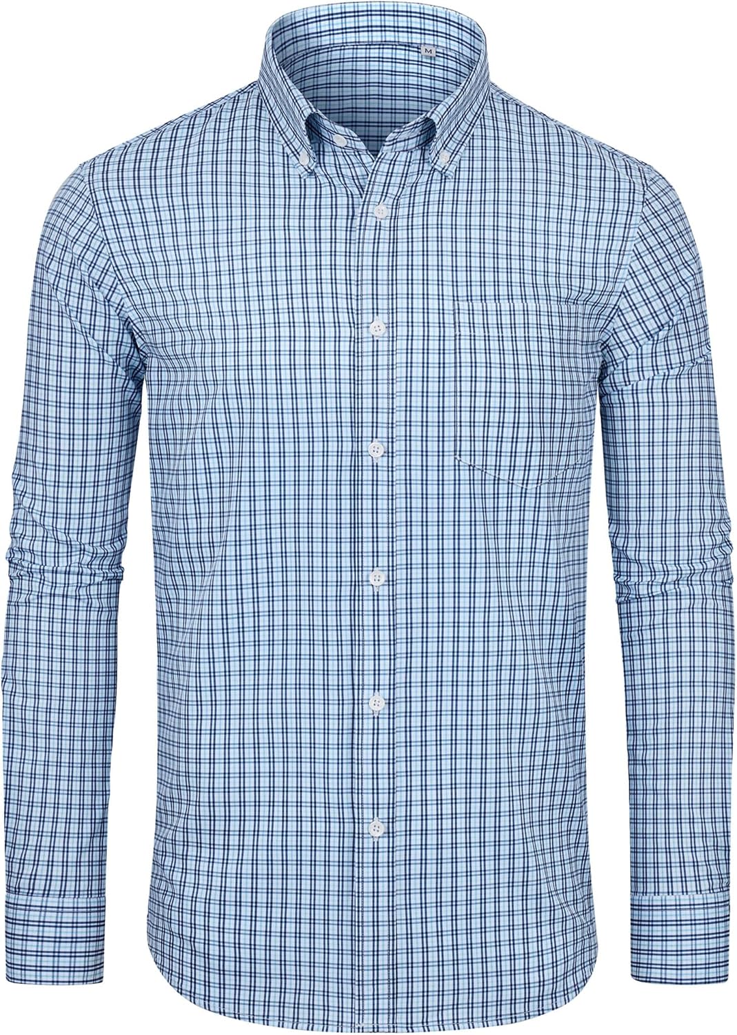 Alimens & Gentle Mens Long Sleeve Button Down Shirts Stretch Regular Fit Dress Shirts Casual Work Gingham Shirts with Pocket Sky Blue Navy Plaid