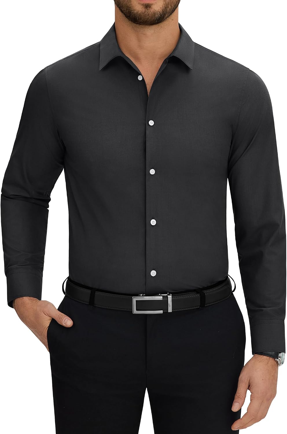 Mens Dress Shirts Long Sleeve Wrinkle Free Textured Button Down Shirts Black