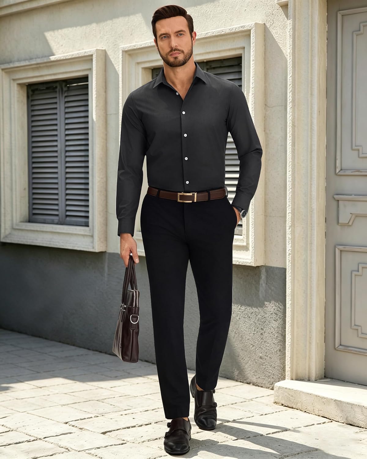 Mens Dress Shirts Long Sleeve Wrinkle Free Textured Button Down Shirts Black