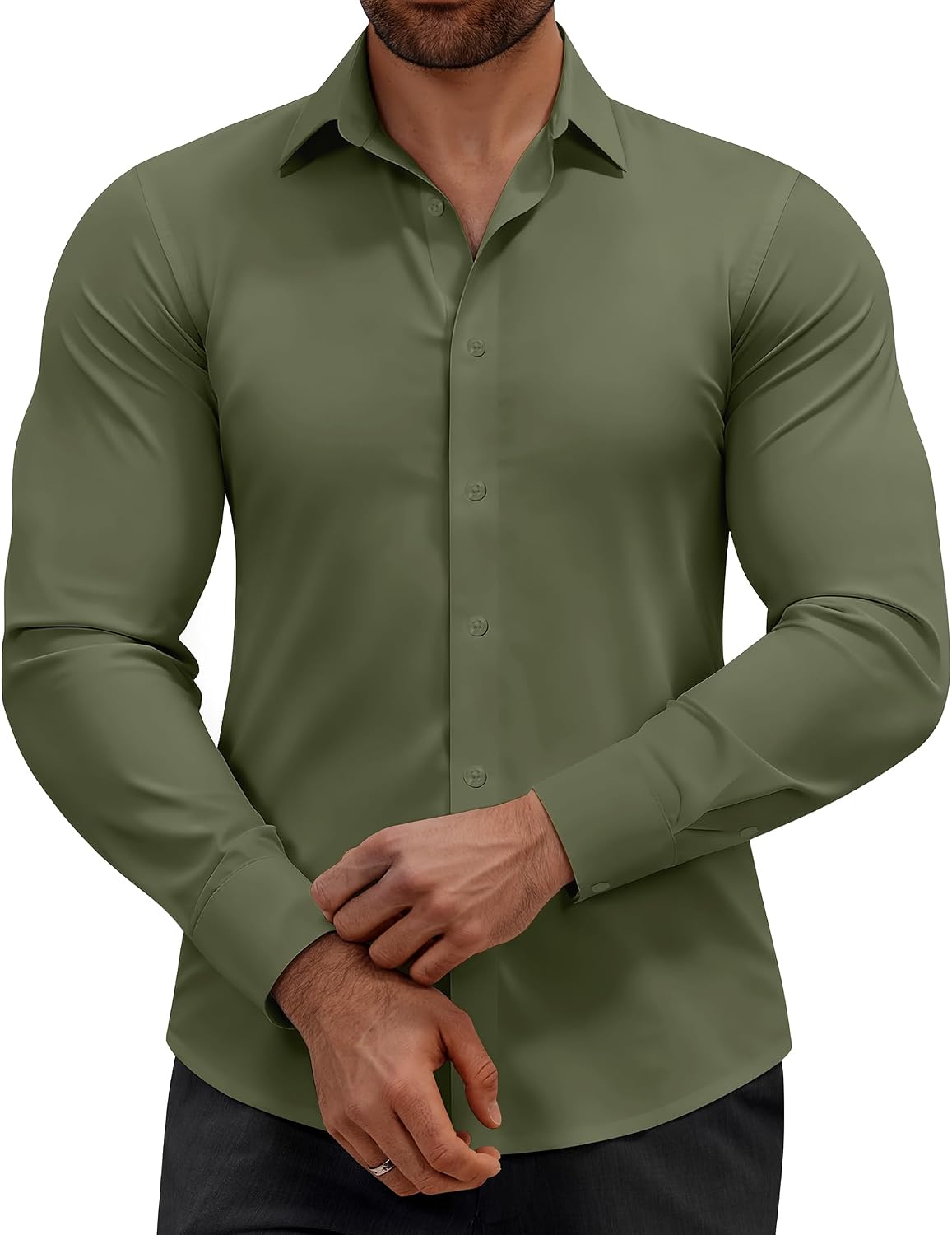 Alimens & Gentle Mens Dress Shirts Stretch Muscle Fit Wrinkle Free Long Sleeve Button Down Shirt Casual Business Formal Shirt Olive