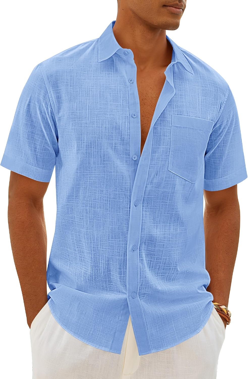 Mens Linen Textured Shirt Cotton Short Sleeve Summer Button Down Shirts Light Blue