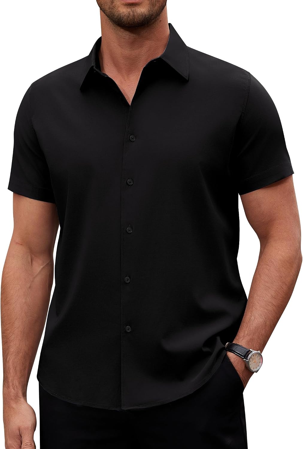 Alimens & Gentle Men's Short Sleeve Dress Shirts Stretch Regular Fit Shirt Casual Button Down Business Shirts Black