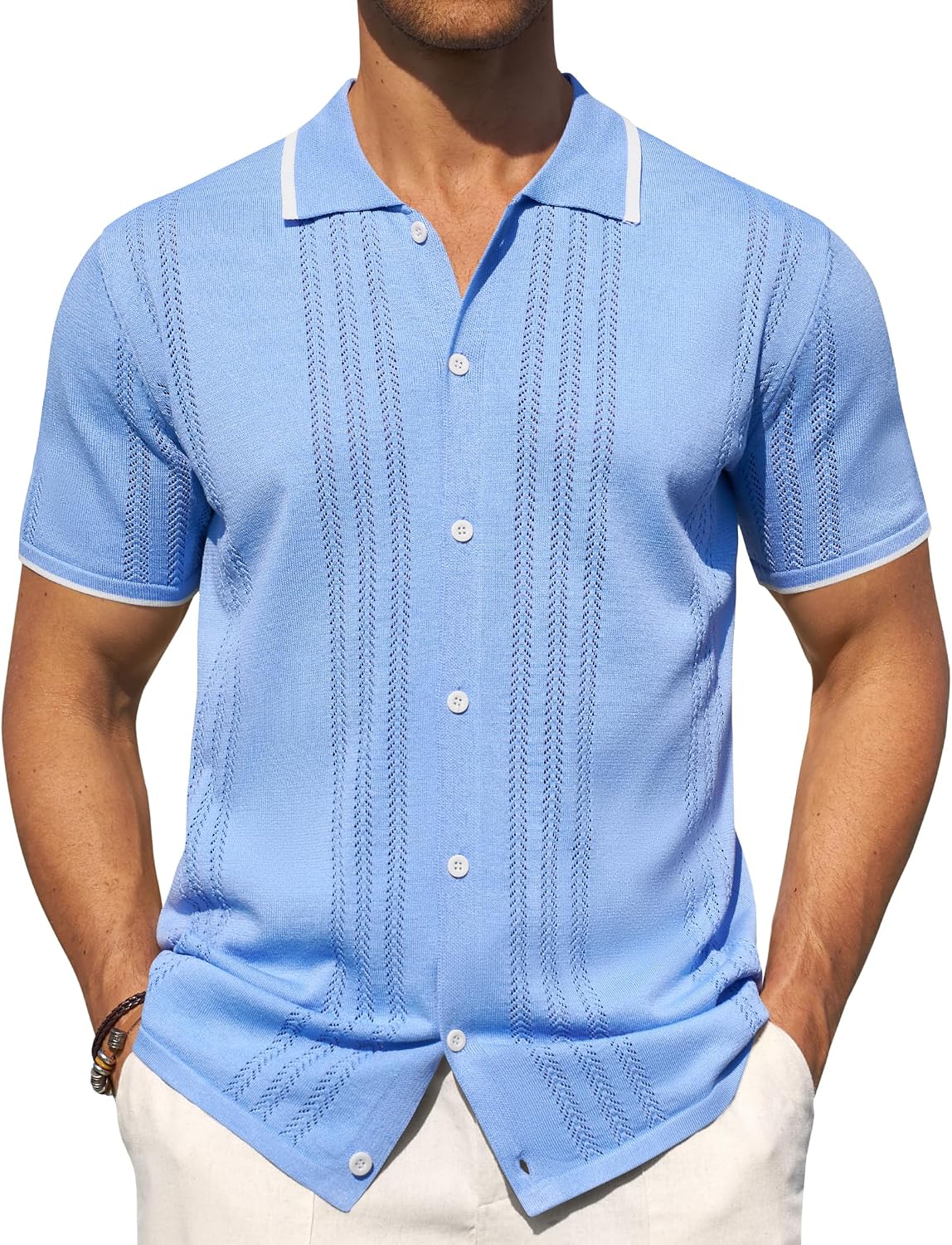 Mens Knit Shirt Short Sleeve Button Down Shirt Textured Casual Summer Tops Blue