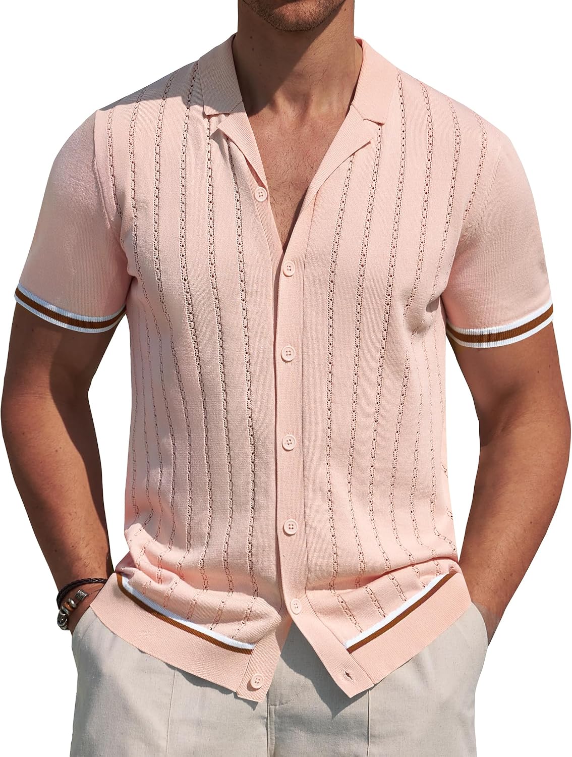 Alimens & Gentle Men's Short Sleeve Button Down Shirts Knit Casual Shirts for Men Vintage Cuban Shirt Striped Knitted Beige