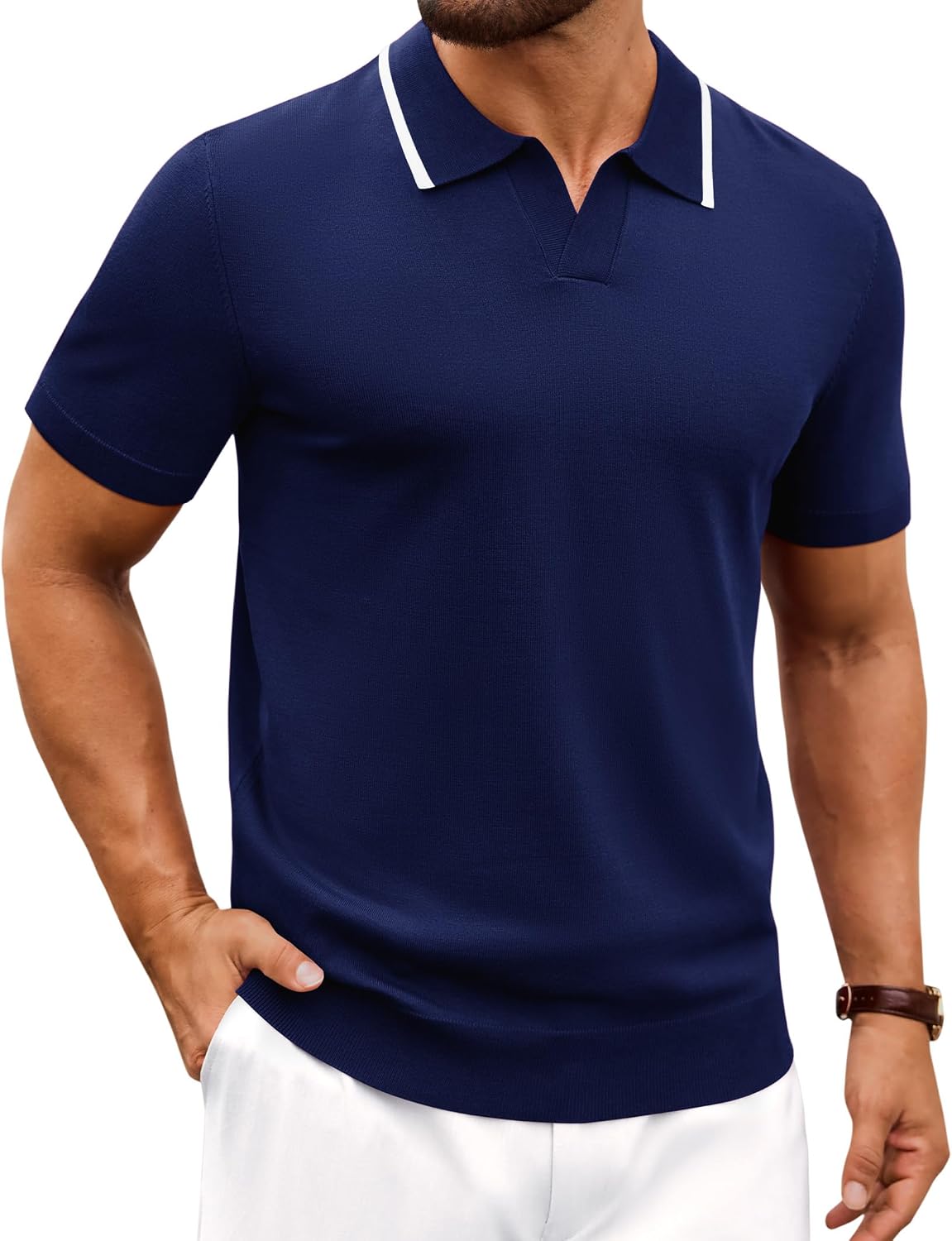 Alimens & Gentle Mens Knitted Polo Shirts V Neck Collared Shirts for Golf Navy Blue