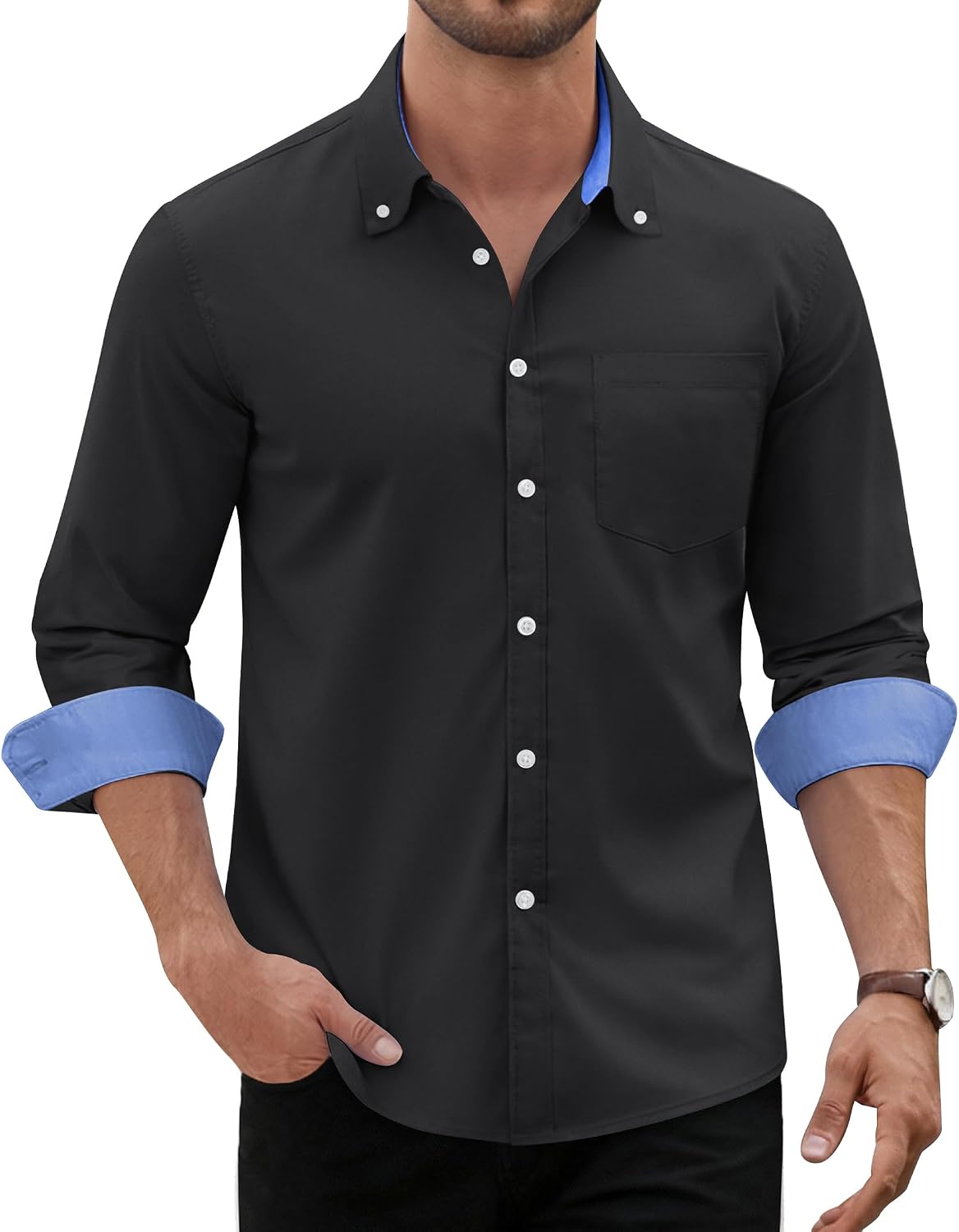 Men's Oxford Stretch Shirt Casual Long Sleeve Button Down Dress Shirt Black