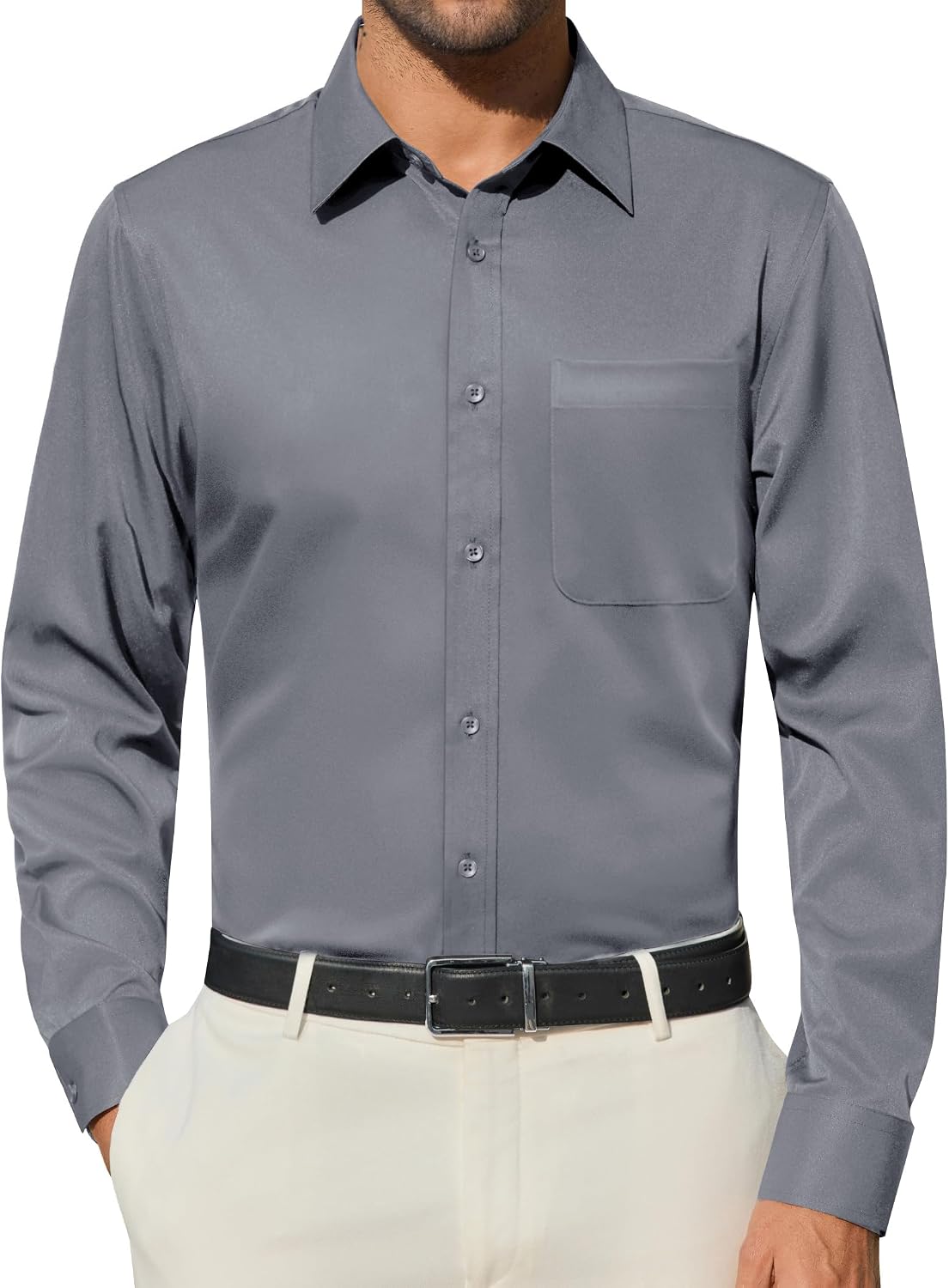 Alimens & Gentle Mens Dress Shirts Wrinkle Free Long Sleeve Button Down Shirt Solid Sun Protection Business Shirt with Pocket Grey