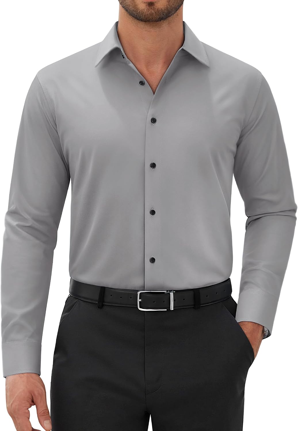 Alimens & Gentle Mens Dress Shirts Long Sleeve Wrinkle Free Stretch Solid Button Down Shirt Casual Wedding Dating Dress Shirt Grey