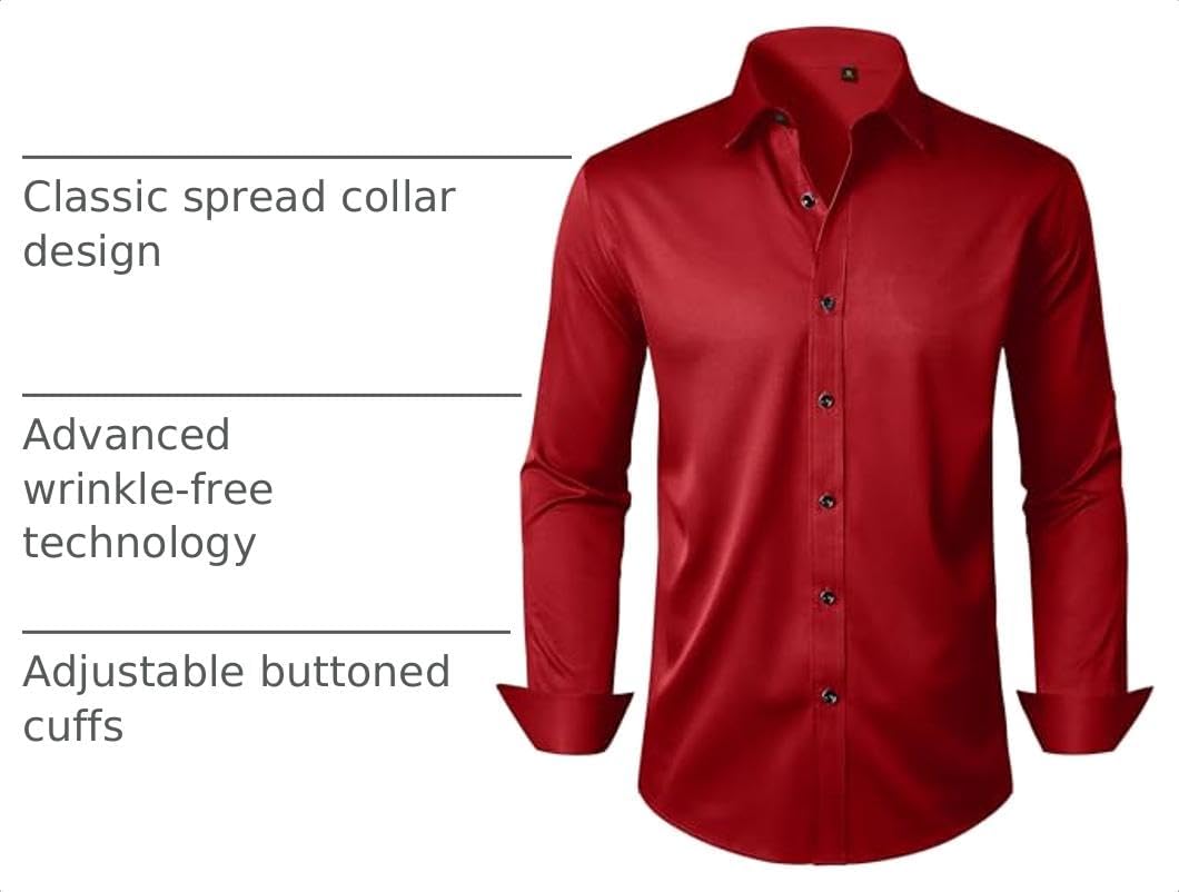 Mens Dress Shirt Long Sleeve Wrinkle Free Stretch Button Down Shirts Red