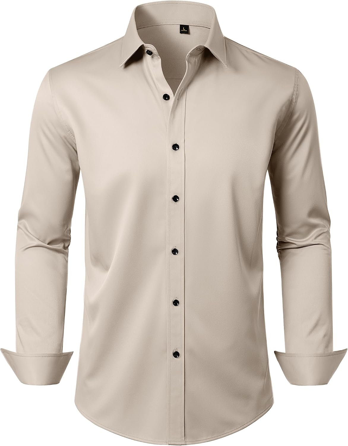 Mens Dress Shirt Long Sleeve Wrinkle Free Stretch Button Down Shirts Tan