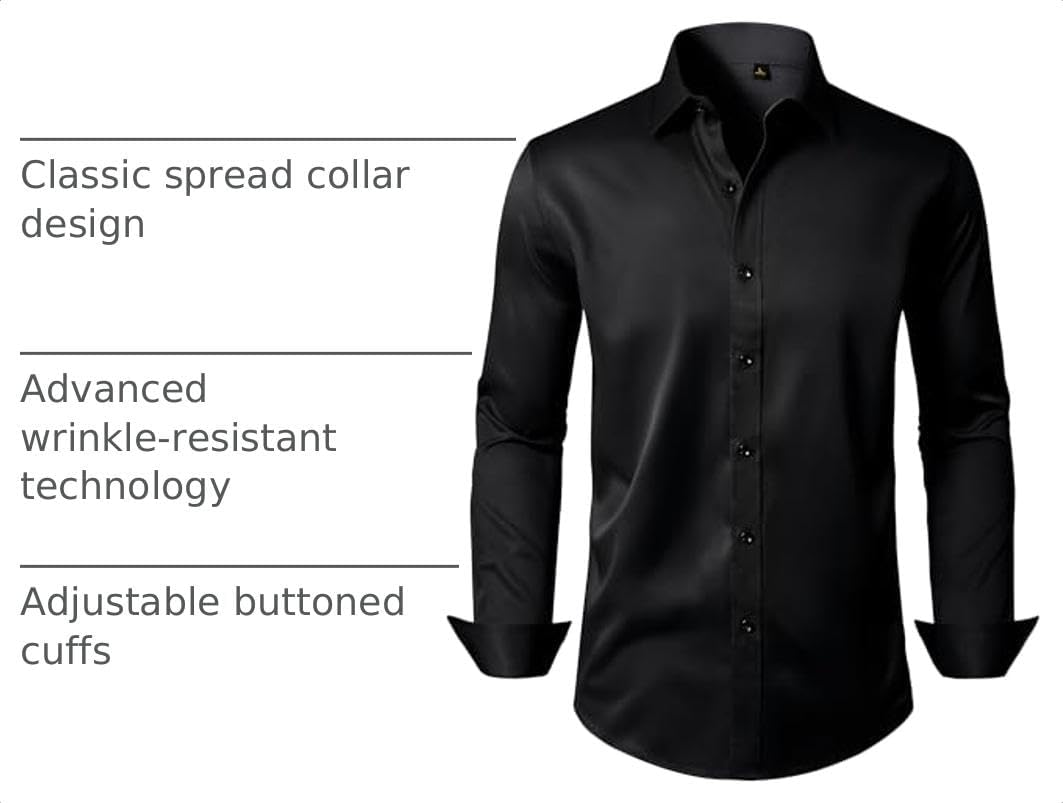 Mens Dress Shirt Long Sleeve Wrinkle Free Stretch Button Down Shirts Black