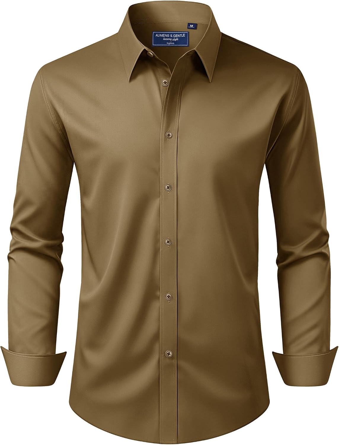 Alimens & Gentle Men's Dress Shirt Regular Fit Stretch Stain Shield Long Sleeve Solid Business Wedding Button Down Shirts Khaki