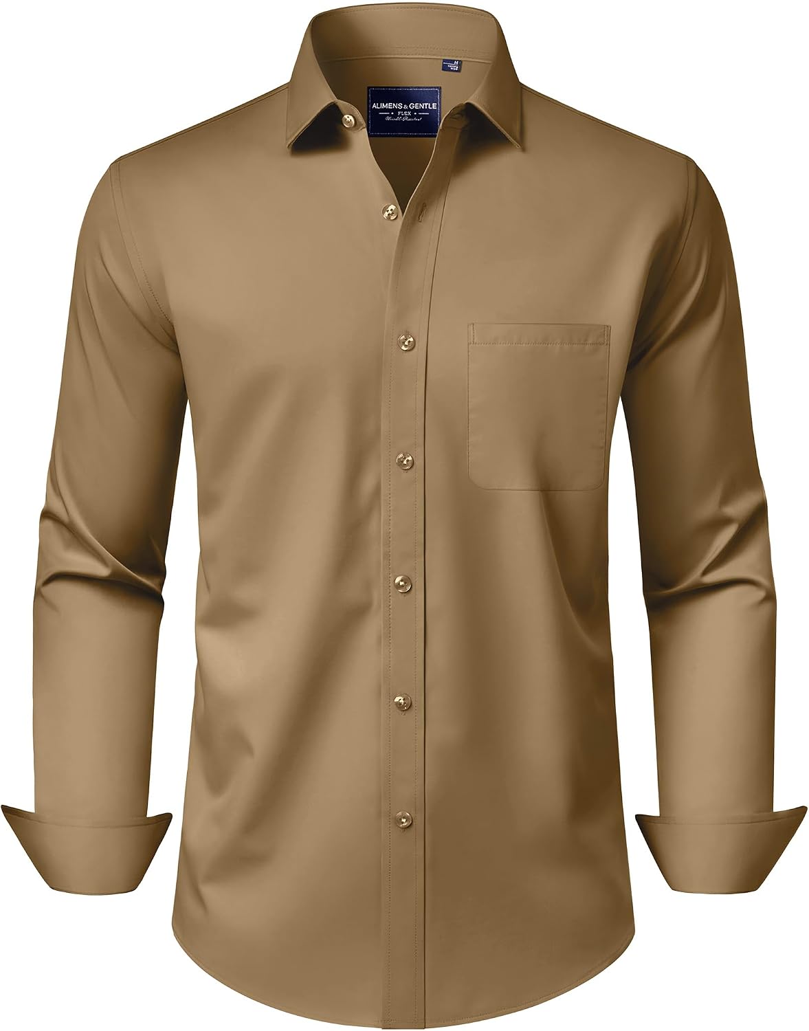 Alimens & Gentle Men's Dress Shirts Long Sleeve Wrinkle-Free Stretch Shirts Solid Formal Button Down Shirt with Pocket Khaki
