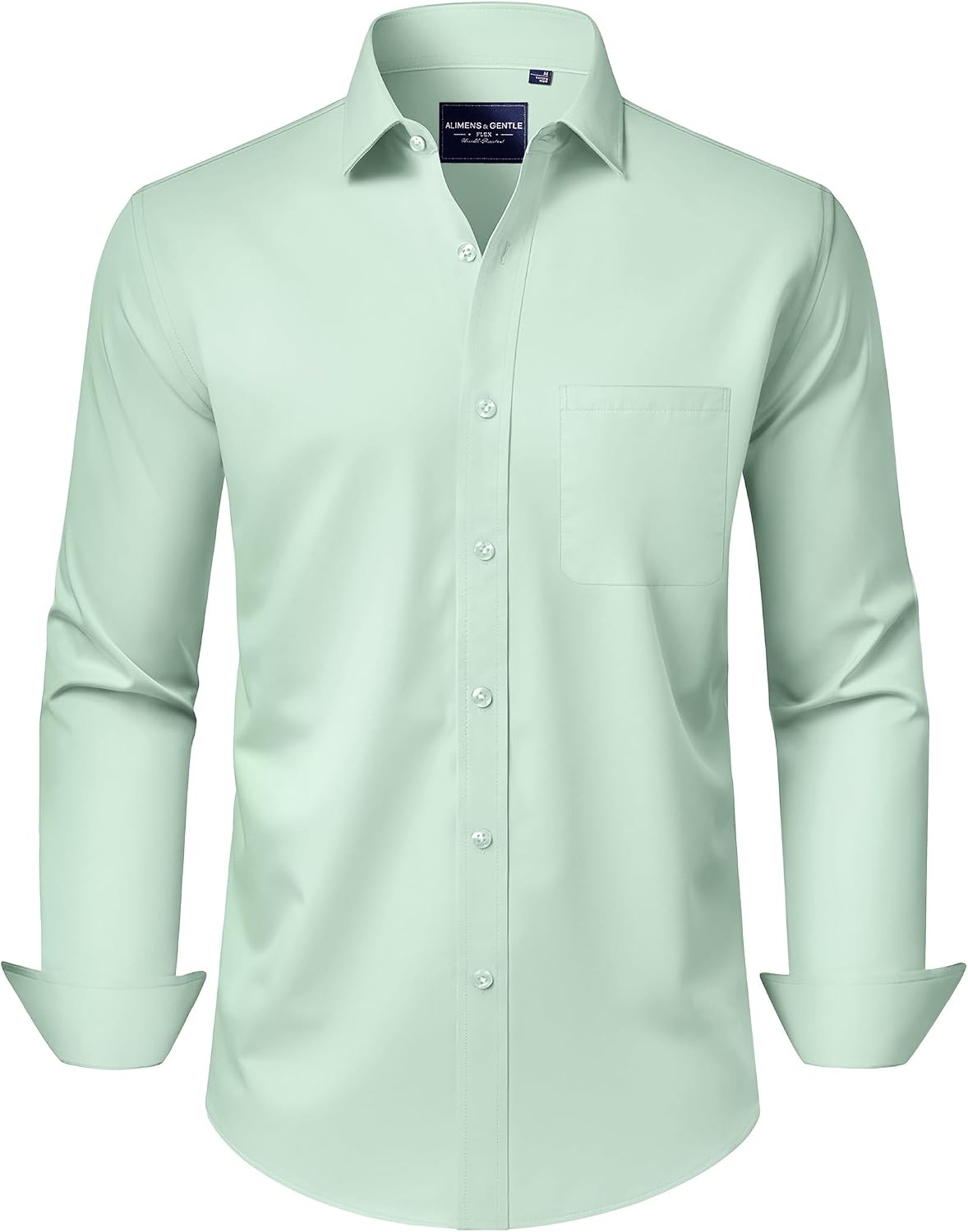 Alimens & Gentle Men's Dress Shirts Long Sleeve Wrinkle-Free Stretch Shirts Solid Formal Button Down Shirt with Pocket Light Green