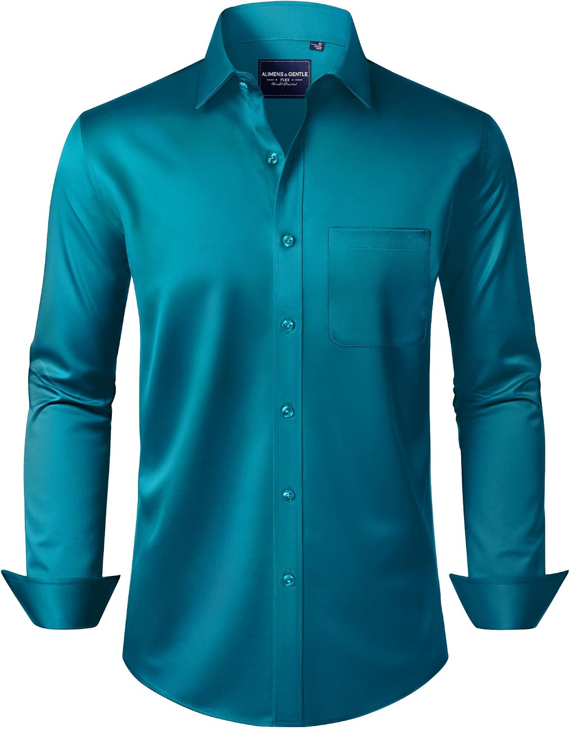 Alimens & Gentle Men's Dress Shirts Long Sleeve Wrinkle-Free Stretch Shirts Solid Formal Button Down Shirt with Pocket Teal