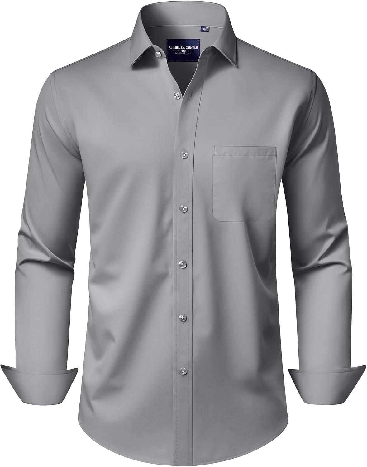 Alimens & Gentle Men's Dress Shirts Long Sleeve Wrinkle-Free Stretch Shirts Solid Formal Button Down Shirt with Pocket Grey