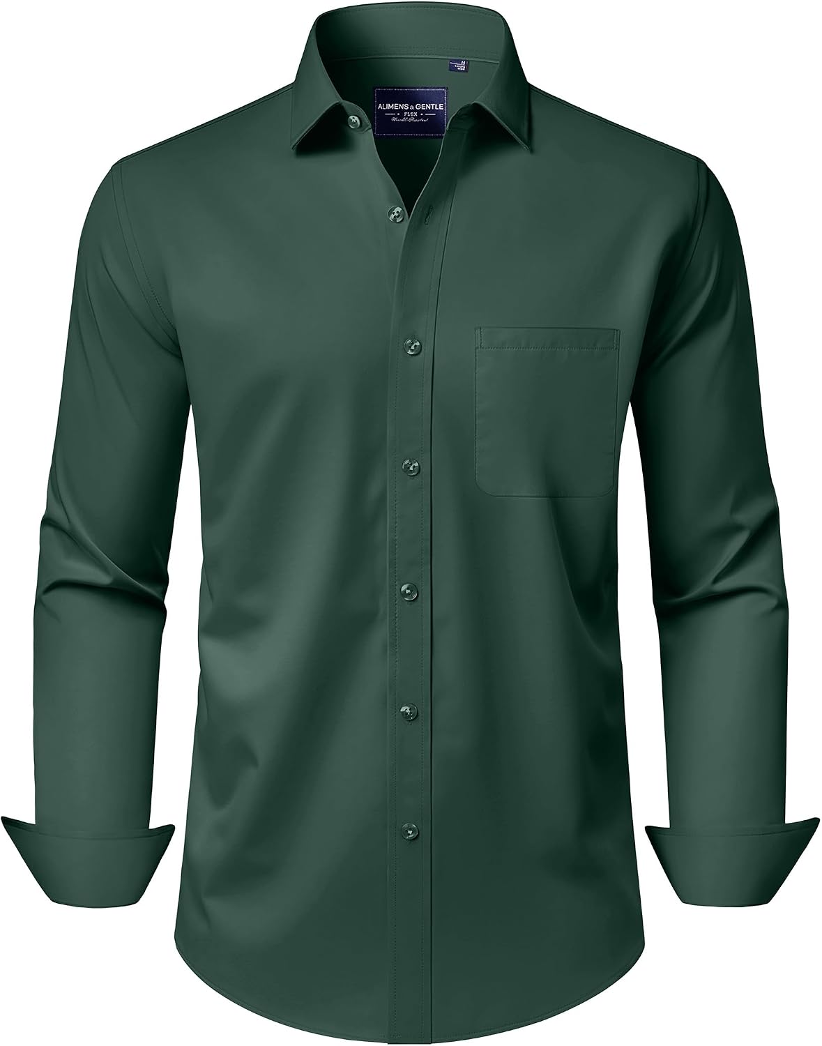 Alimens & Gentle Men's Dress Shirts Long Sleeve Wrinkle-Free Stretch Shirts Solid Formal Button Down Shirt with Pocket Dark Green